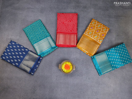 Semi dola pack of 5 multi colour and multi design with allover prints and zari woven border