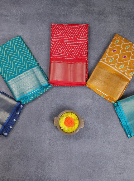 Semi dola pack of 5 multi colour and multi design with allover prints and zari woven border