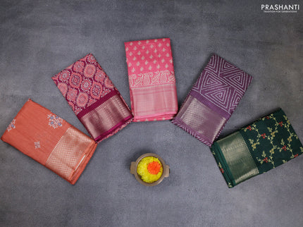 Semi dola pack of 5 multi colour and multi design with allover prints and zari woven border