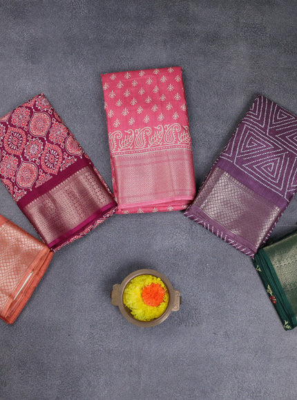 Semi dola pack of 5 multi colour and multi design with allover prints and zari woven border