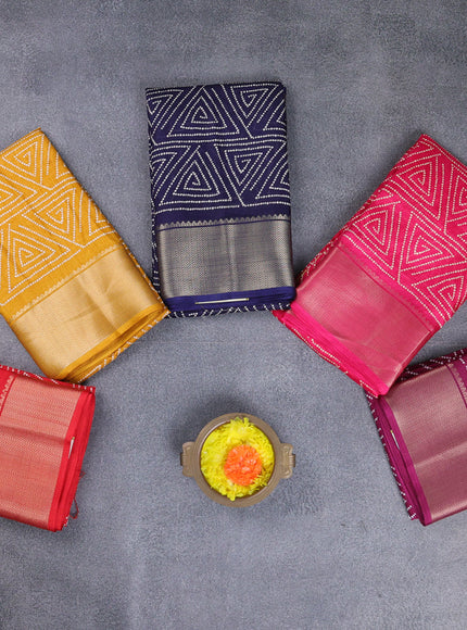 Semi dola pack of 5 multi colour with allover geometric prints and zari woven border
