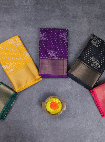 Semi dola pack of 5 multi colour with allover bandhani butta prints and zari woven border