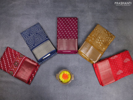 Semi dola pack of 5 multi colour and multi design with allover prints and zari woven border