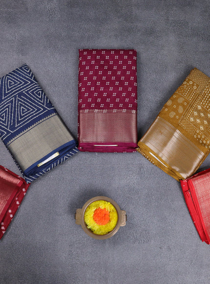 Semi dola pack of 5 multi colour and multi design with allover prints and zari woven border