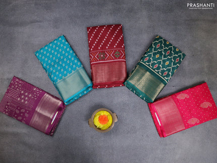 Semi dola pack of 5 multi colour and multi design with allover prints and zari woven border