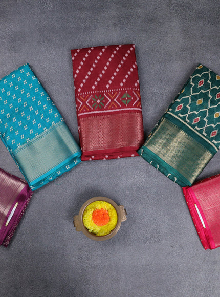 Semi dola pack of 5 multi colour and multi design with allover prints and zari woven border