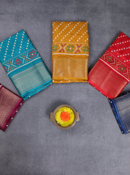 Semi dola pack of 5 multi colour with allover ikat weaves and zari woven border