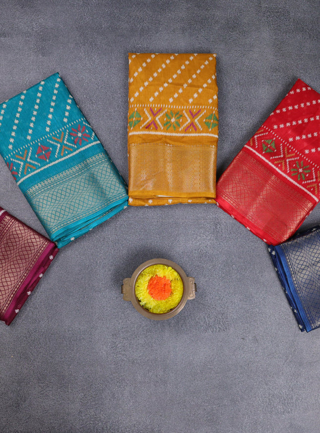 Semi dola pack of 5 multi colour with allover ikat weaves and zari woven border