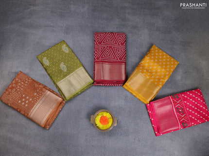 Semi dola pack of 5 multi colour and multi design with allover prints and zari woven border