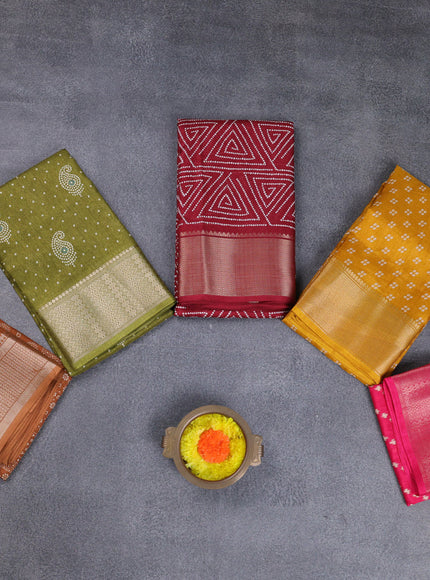 Semi dola pack of 5 multi colour and multi design with allover prints and zari woven border