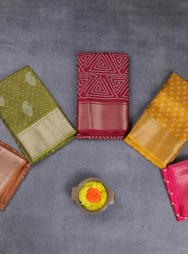 Semi dola pack of 5 multi colour and multi design with allover prints and zari woven border