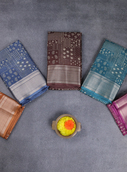 Semi dola pack of 5 multi colour with allover prints and zari woven border