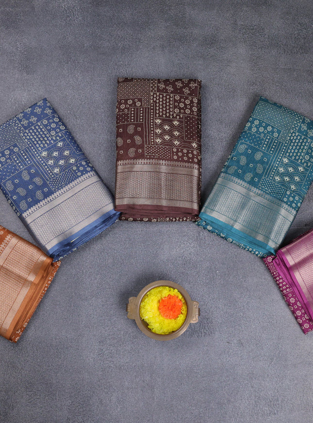 Semi dola pack of 5 multi colour with allover prints and zari woven border