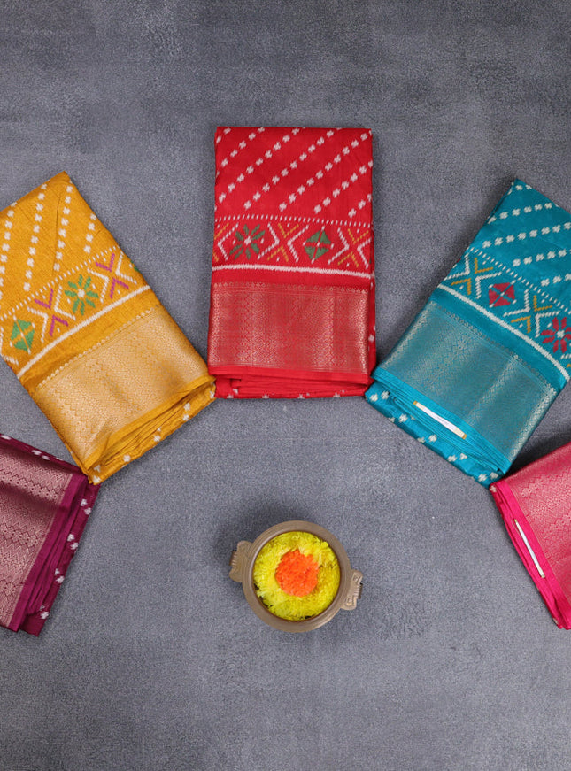 Semi dola pack of 5 multi colour with allover ikat weaves and zari woven border