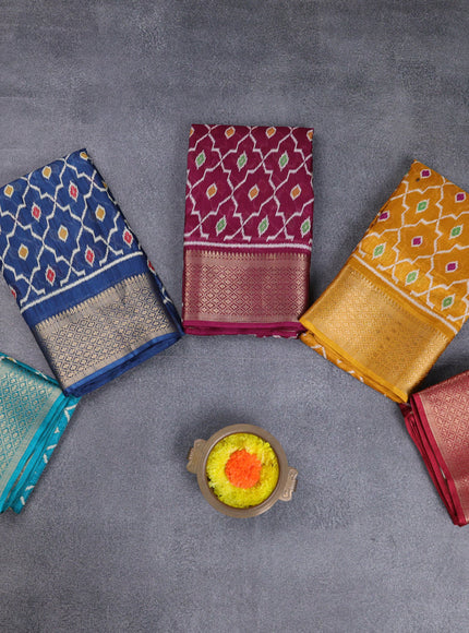 Semi dola pack of 5 multi colour with allover ikat weaves and zari woven border