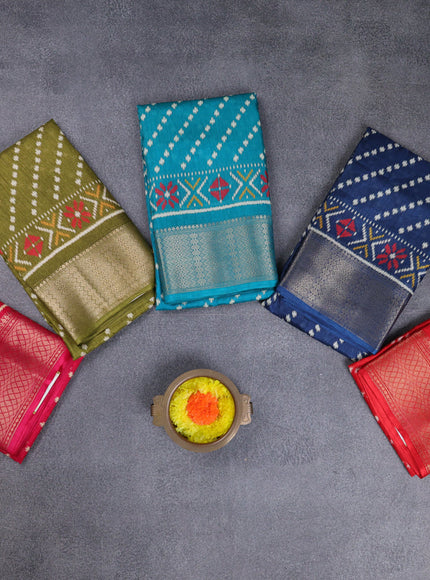 Semi dola pack of 5 multi colour with allover ikat weaves and zari woven border