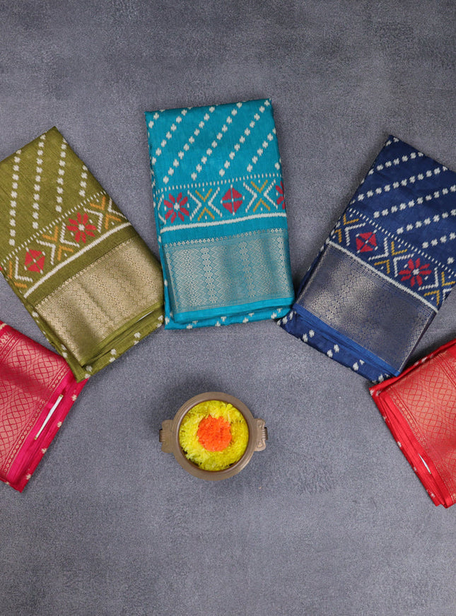 Semi dola pack of 5 multi colour with allover ikat weaves and zari woven border