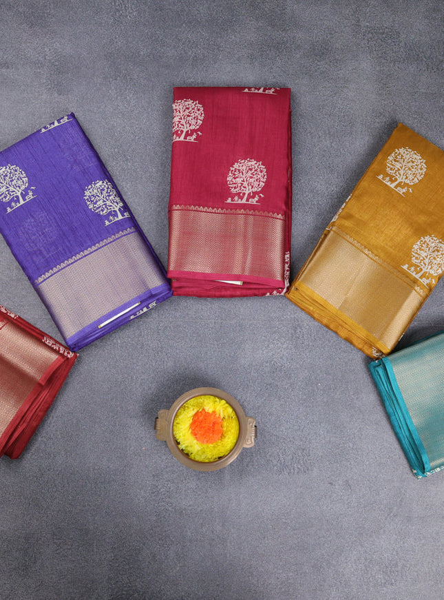 Semi dola pack of 5 multi colour with allover butta prints and zari woven border