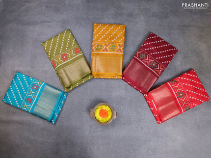 Semi dola pack of 5 multi colour with allover ikat weaves and zari woven border