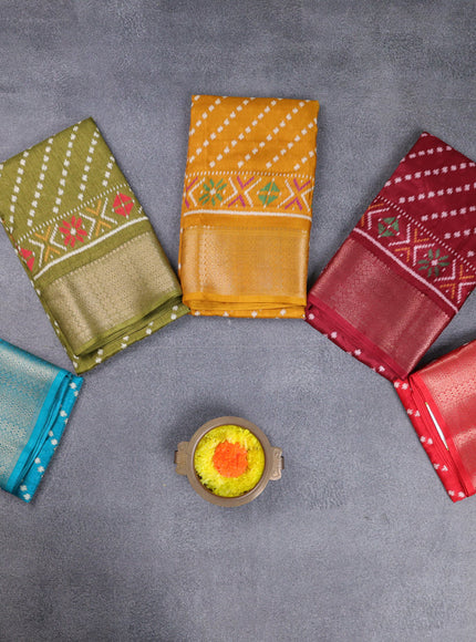 Semi dola pack of 5 multi colour with allover ikat weaves and zari woven border