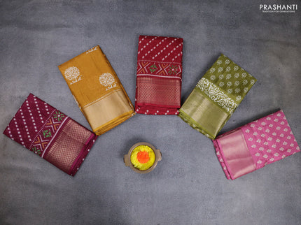 Semi dola pack of 5 multi colour and multi design with allover prints and zari woven border