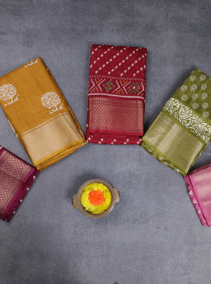 Semi dola pack of 5 multi colour and multi design with allover prints and zari woven border