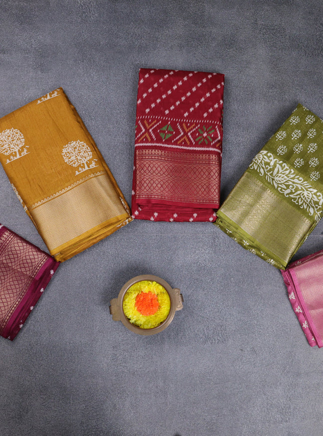 Semi dola pack of 5 multi colour and multi design with allover prints and zari woven border