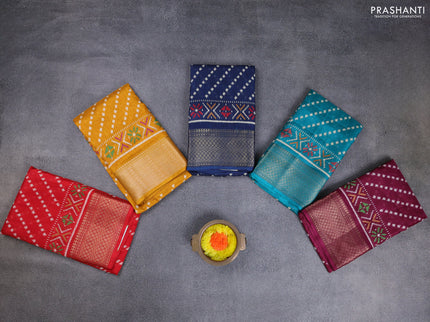 Semi dola pack of 5 multi colour with allover ikat weaves and zari woven border