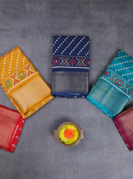 Semi dola pack of 5 multi colour with allover ikat weaves and zari woven border