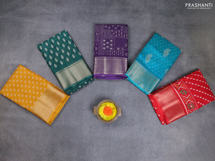 Semi dola pack of 5 multi colour and multi design with allover prints and zari woven border