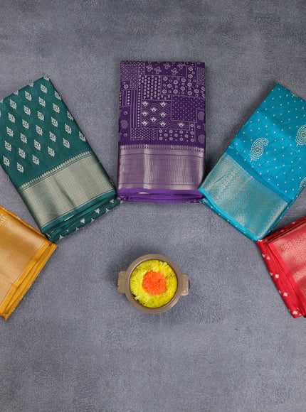 Semi dola pack of 5 multi colour and multi design with allover prints and zari woven border