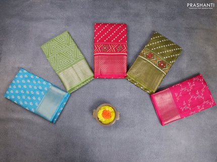 Semi dola pack of 5 multi colour and multi design with allover prints and zari woven border