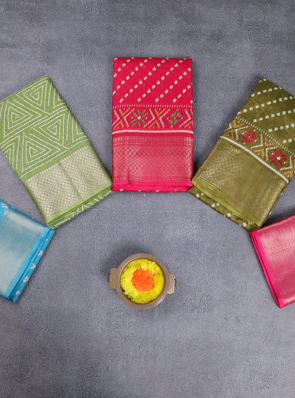 Semi dola pack of 5 multi colour and multi design with allover prints and zari woven border