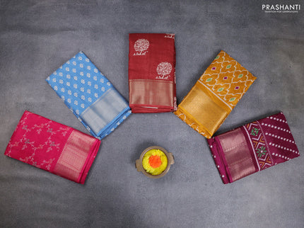 Semi dola pack of 5 multi colour and multi design with allover prints and zari woven border