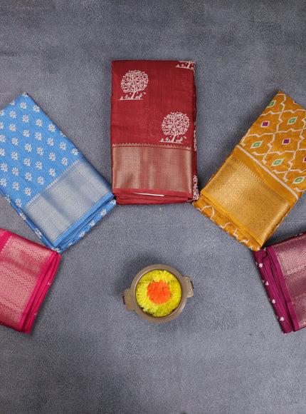 Semi dola pack of 5 multi colour and multi design with allover prints and zari woven border