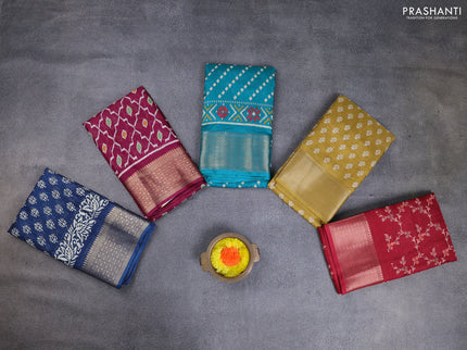 Semi dola pack of 5 multi colour and multi design with allover prints and zari woven border