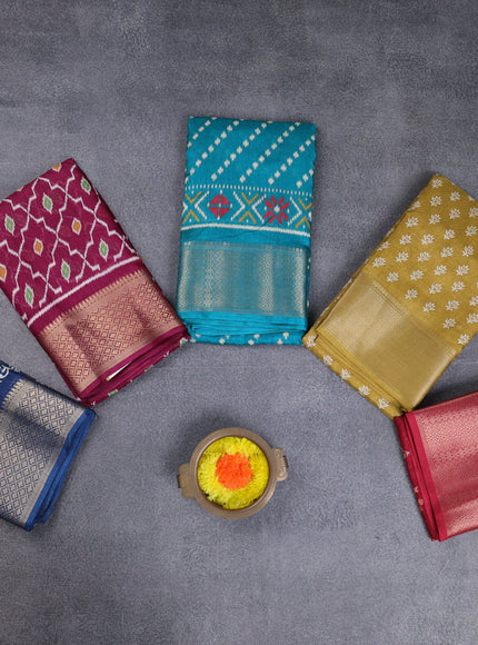 Semi dola pack of 5 multi colour and multi design with allover prints and zari woven border
