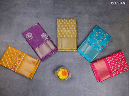 Semi dola pack of 5 multi colour and multi design with allover prints and zari woven border