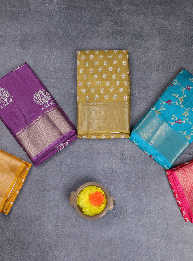 Semi dola pack of 5 multi colour and multi design with allover prints and zari woven border
