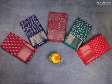 Semi dola pack of 5 multi colour and multi design with allover prints and zari woven border