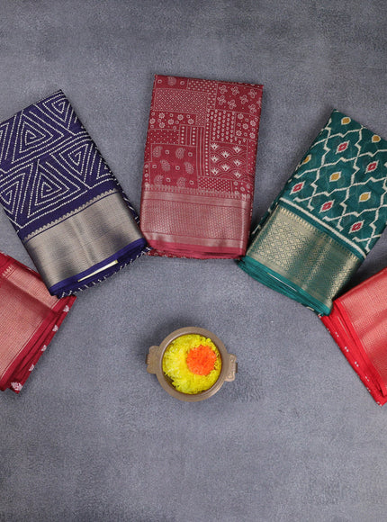 Semi dola pack of 5 multi colour and multi design with allover prints and zari woven border
