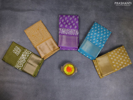 Semi dola pack of 5 multi colour and multi design with allover prints and zari woven border