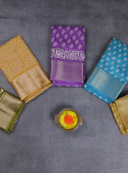 Semi dola pack of 5 multi colour and multi design with allover prints and zari woven border