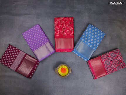 Semi dola pack of 5 multi colour and multi design with allover prints and zari woven border