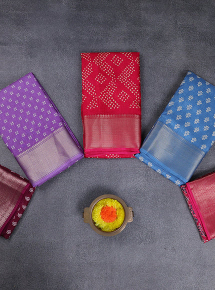 Semi dola pack of 5 multi colour and multi design with allover prints and zari woven border