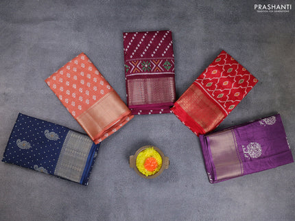 Semi dola pack of 5 multi colour and multi design with allover prints and zari woven border