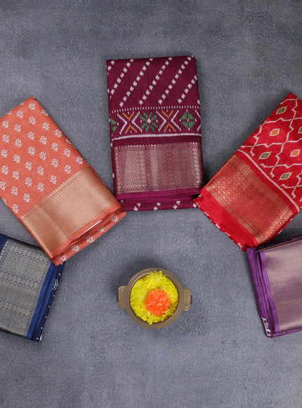 Semi dola pack of 5 multi colour and multi design with allover prints and zari woven border