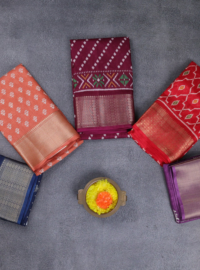 Semi dola pack of 5 multi colour and multi design with allover prints and zari woven border