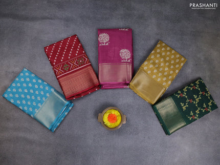 Semi dola pack of 5 multi colour and multi design with allover prints and zari woven border