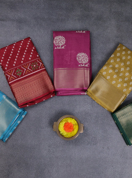 Semi dola pack of 5 multi colour and multi design with allover prints and zari woven border